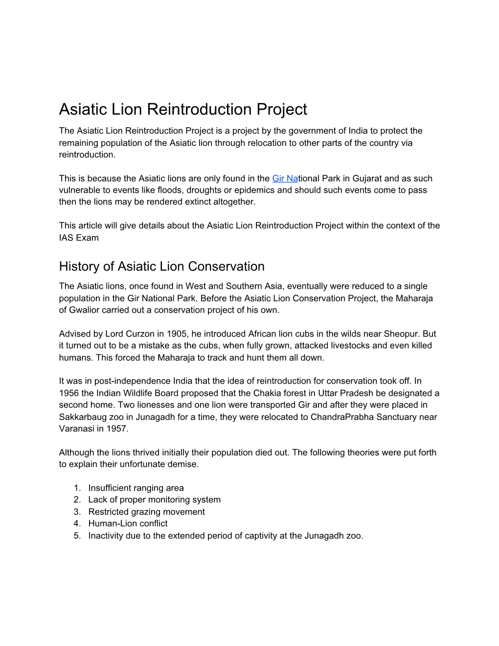 Asiatic Lion Reintroduction Project