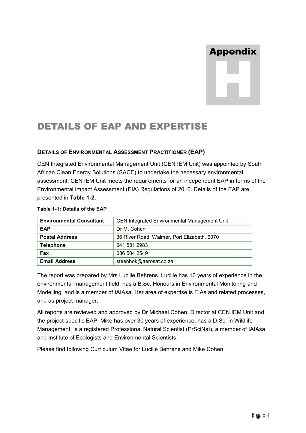 DETAILS of EAP and EXPERTISE Appendix