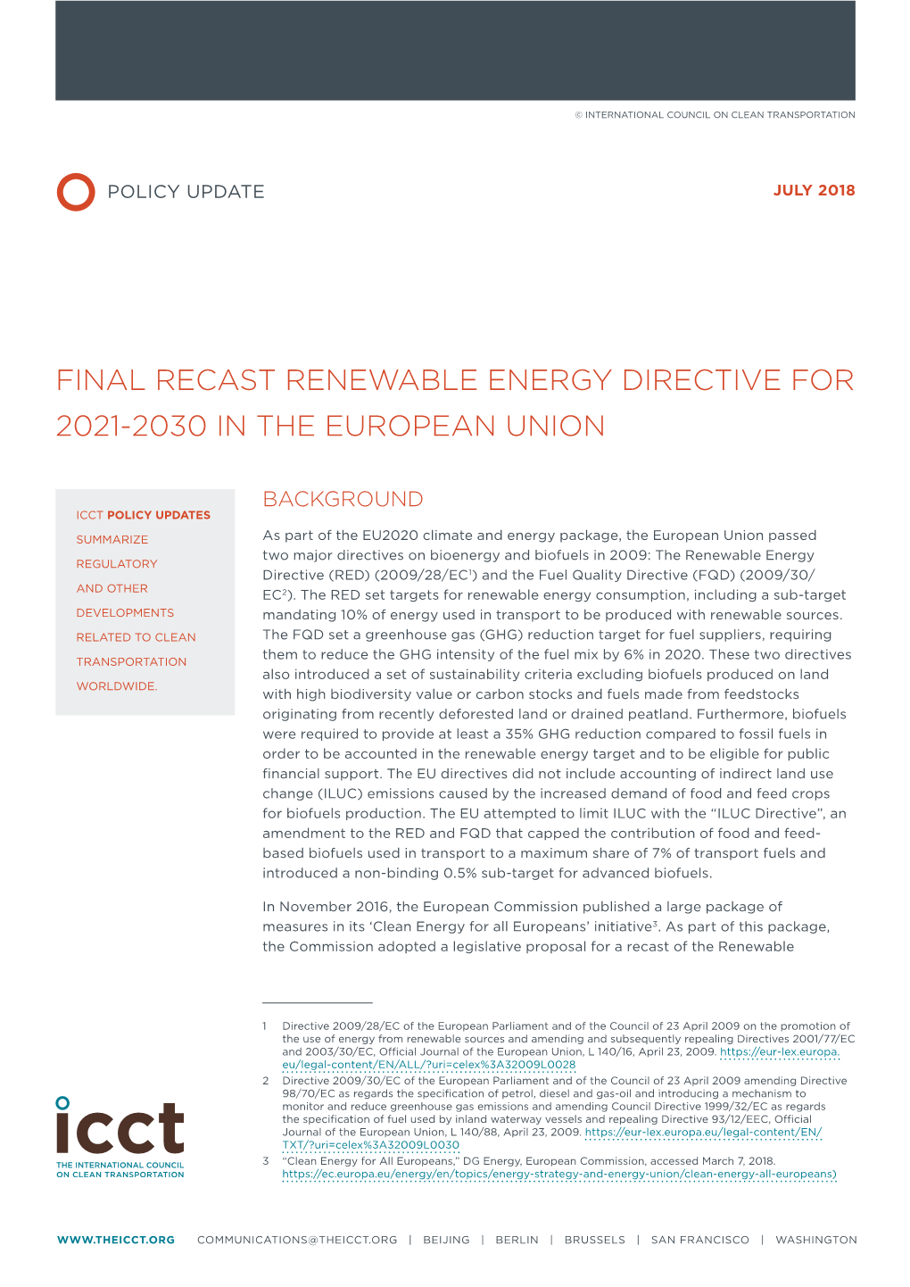 Final Recast Renewable Energy Directive for 2021-2030 in the European Union