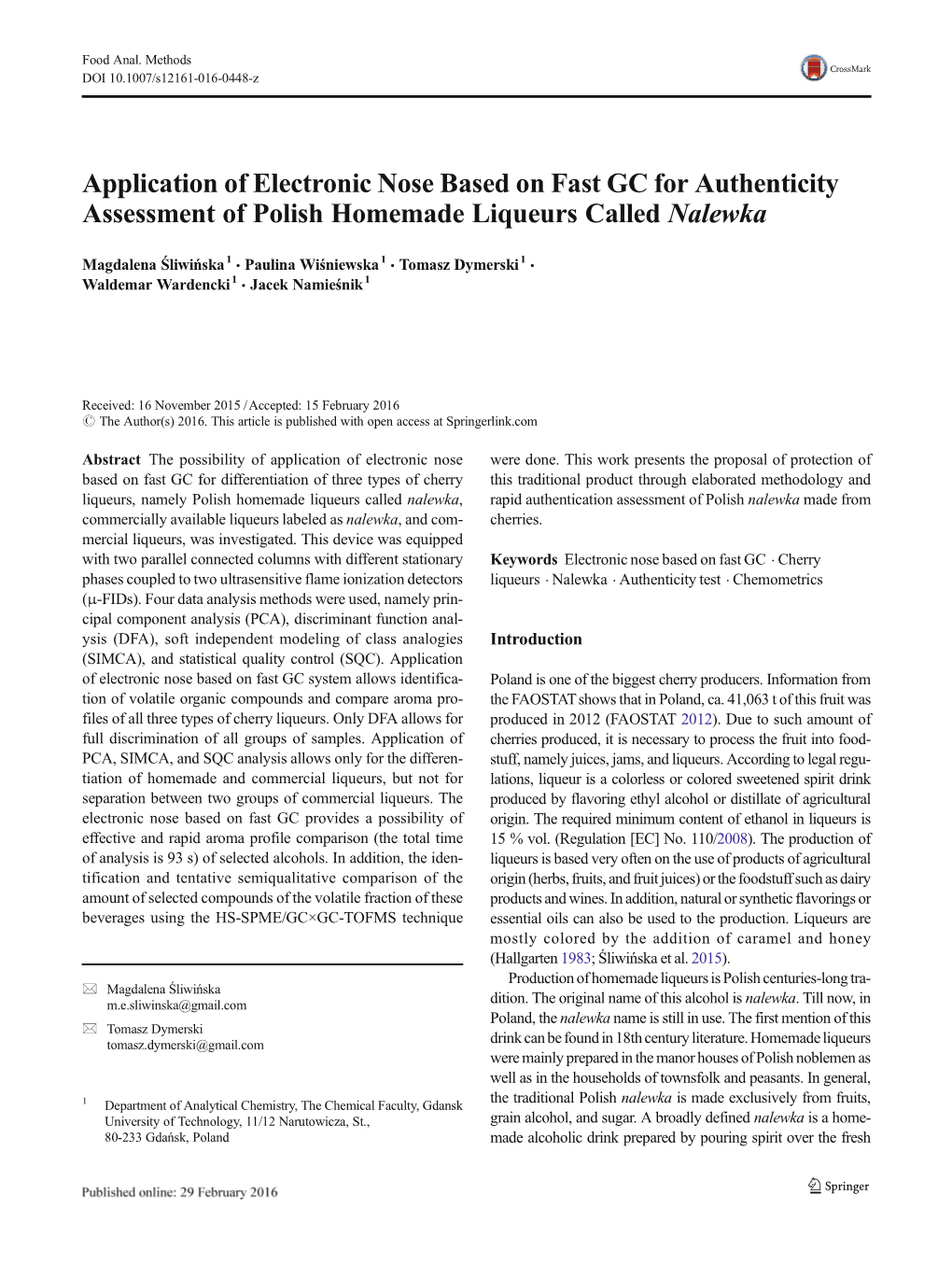 Application of Electronic Nose Based on Fast GC for Authenticity Assessment of Polish Homemade Liqueurs Called Nalewka