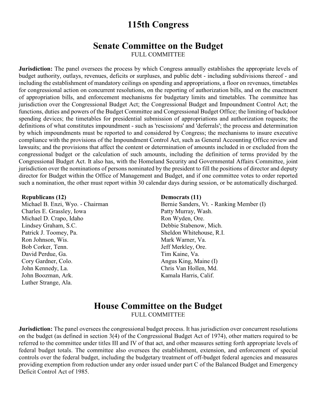 115Th Senate Committee on the Budget