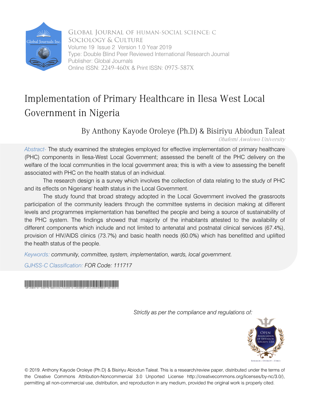 Implementation of Primary Healthcare in Ilesa West Local Government in Nigeria