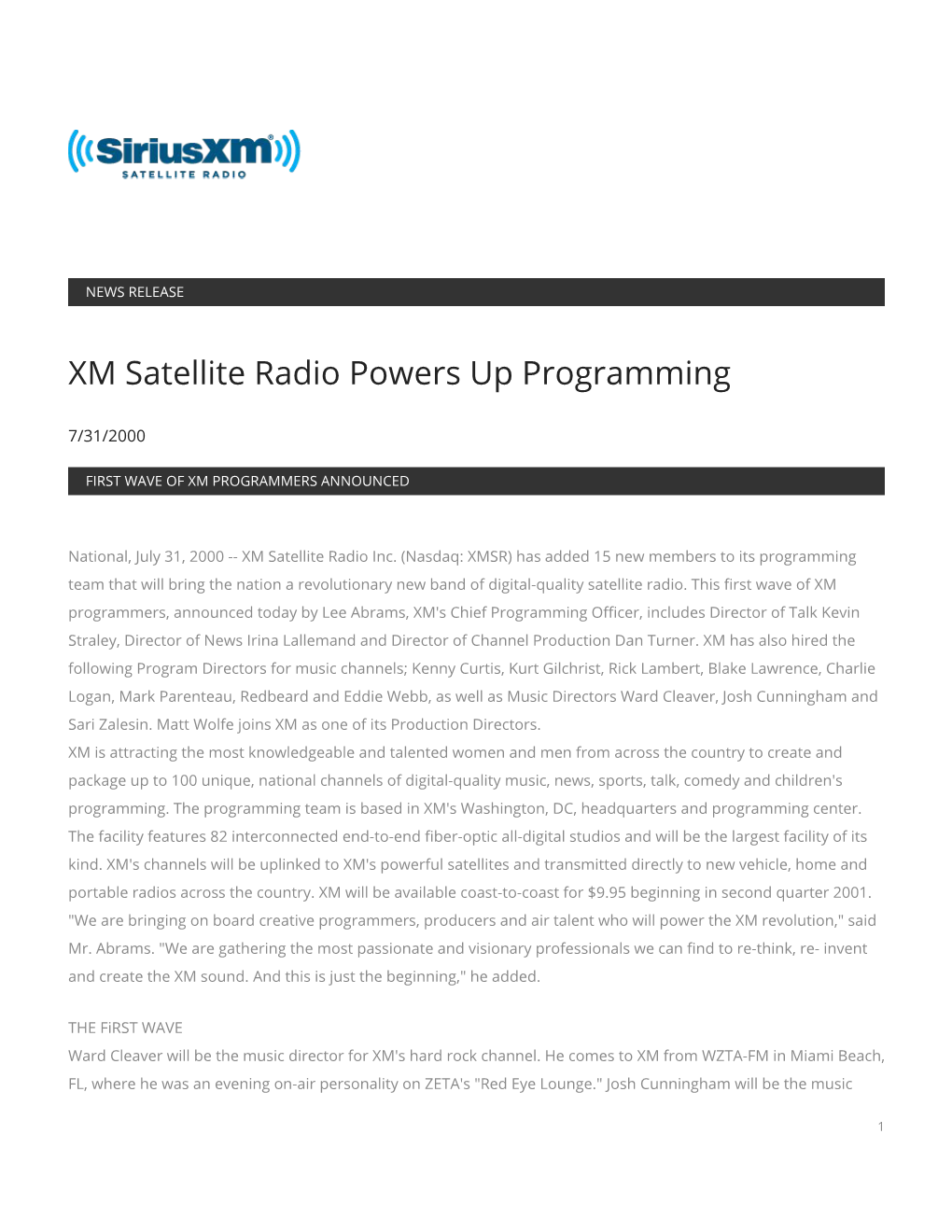 XM Satellite Radio Powers up Programming