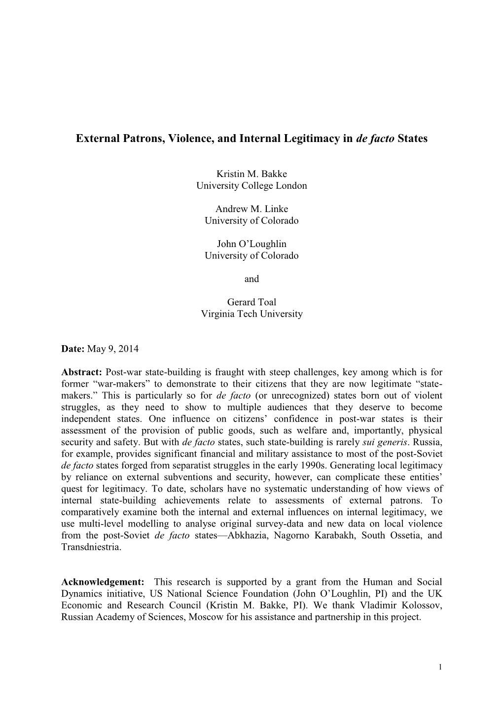 External Patrons, Violence, and Internal Legitimacy in De Facto States