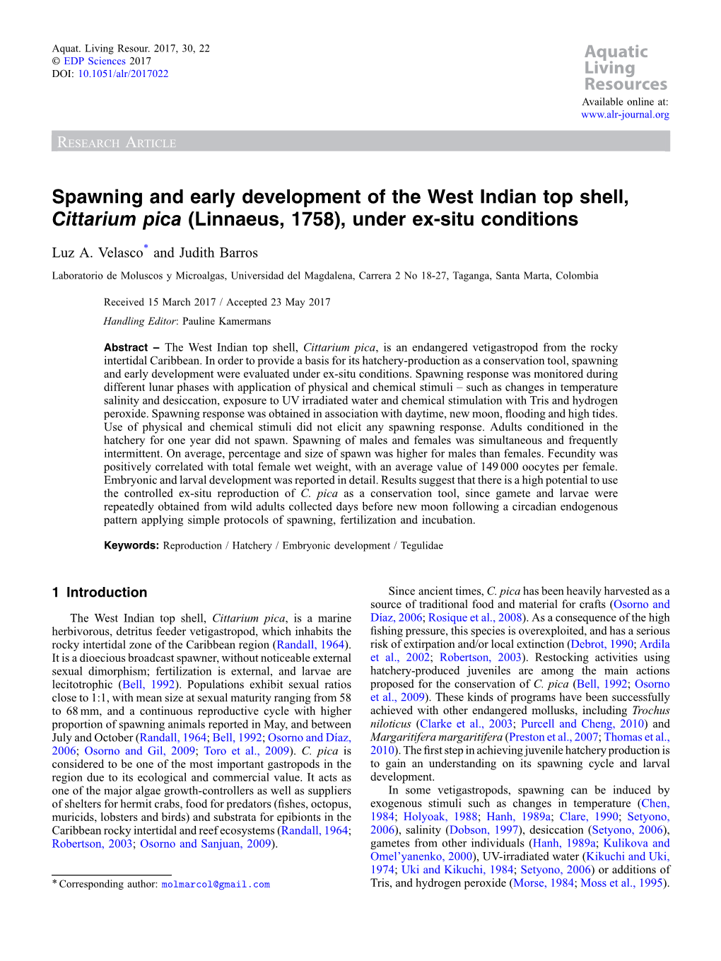 Spawning and Early Development of the West Indian Top Shell, Cittarium Pica (Linnaeus, 1758), Under Ex-Situ Conditions