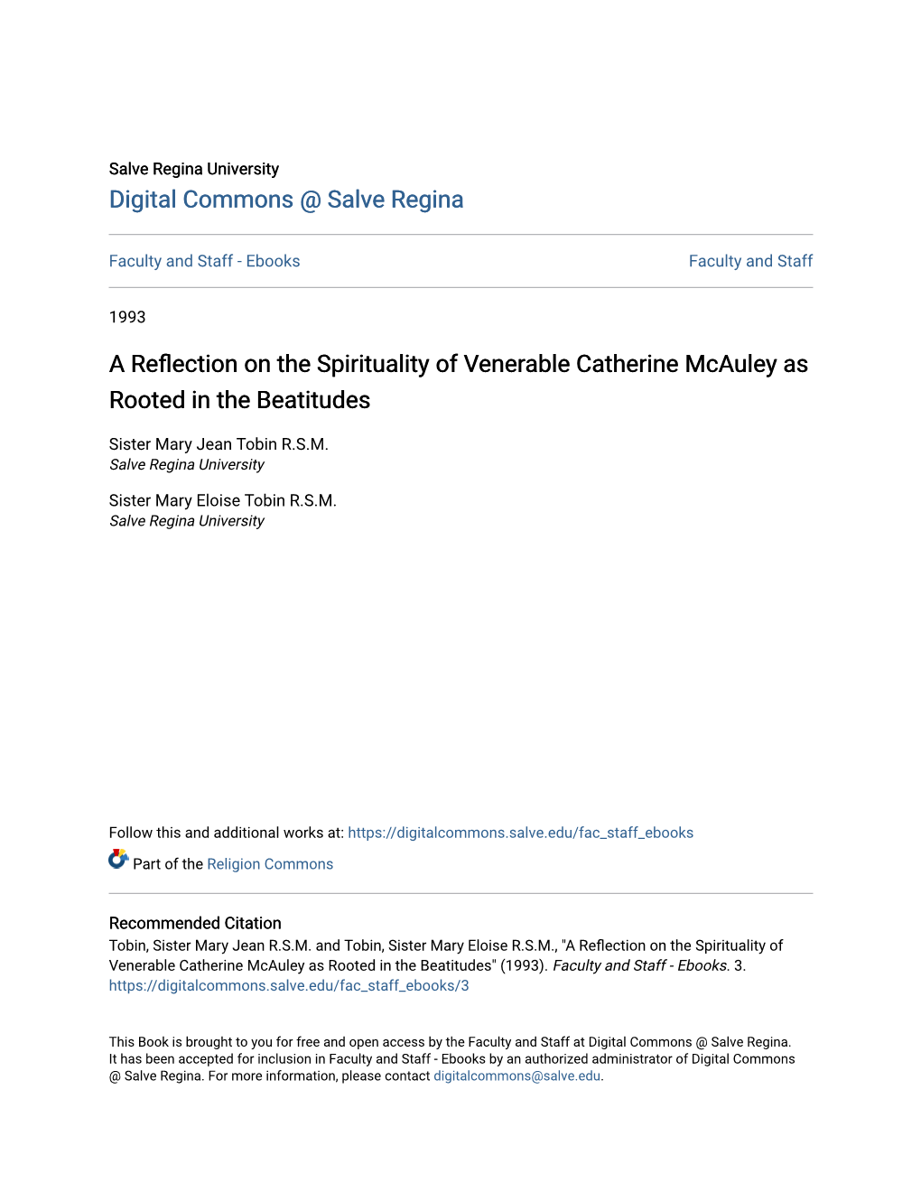 A Reflection on the Spirituality of Venerable Catherine Mcauley As Rooted in the Beatitudes" (1993)
