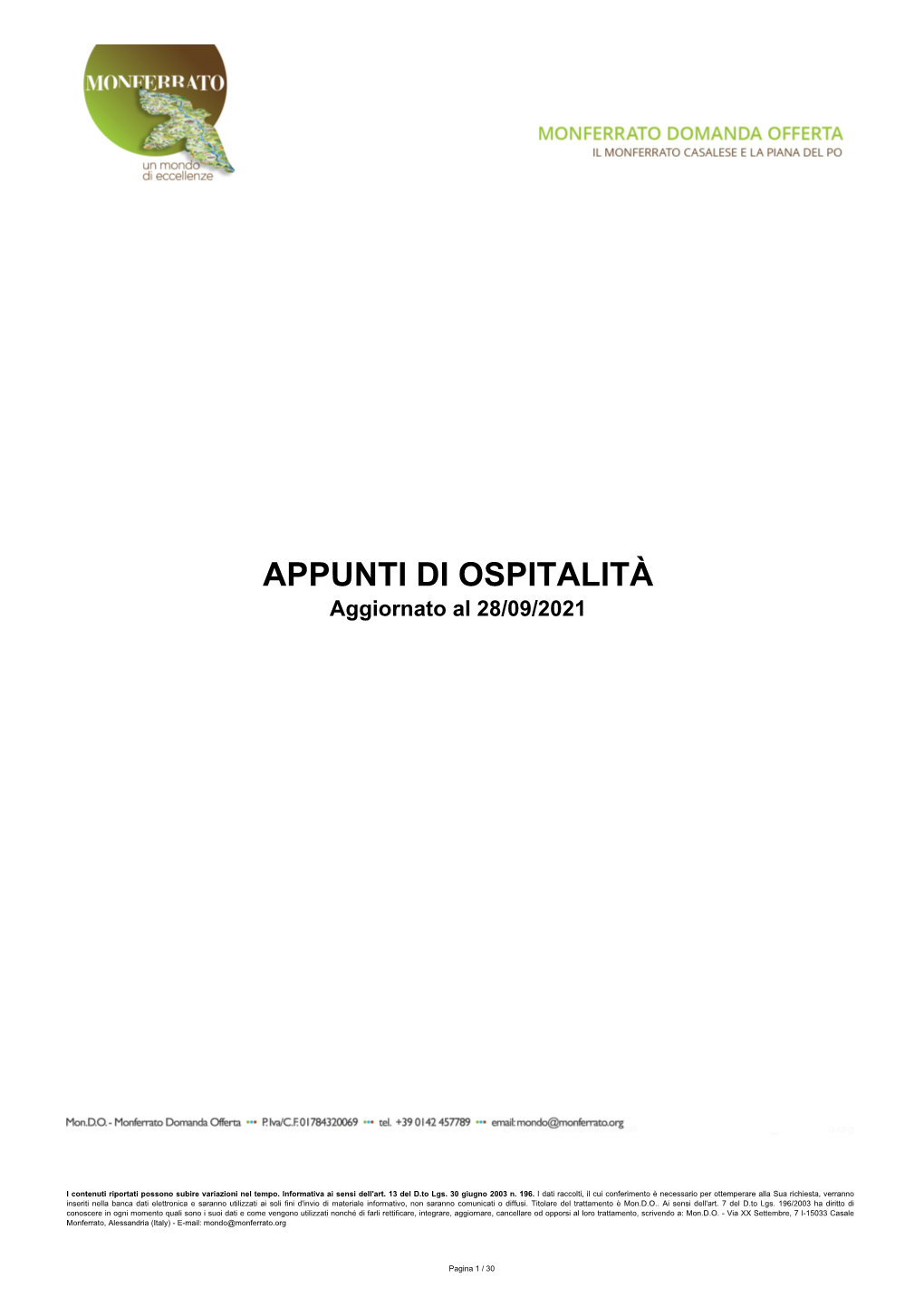 APPUNTI DI OSPITALITÀ Aggiornato Al 28/09/2021