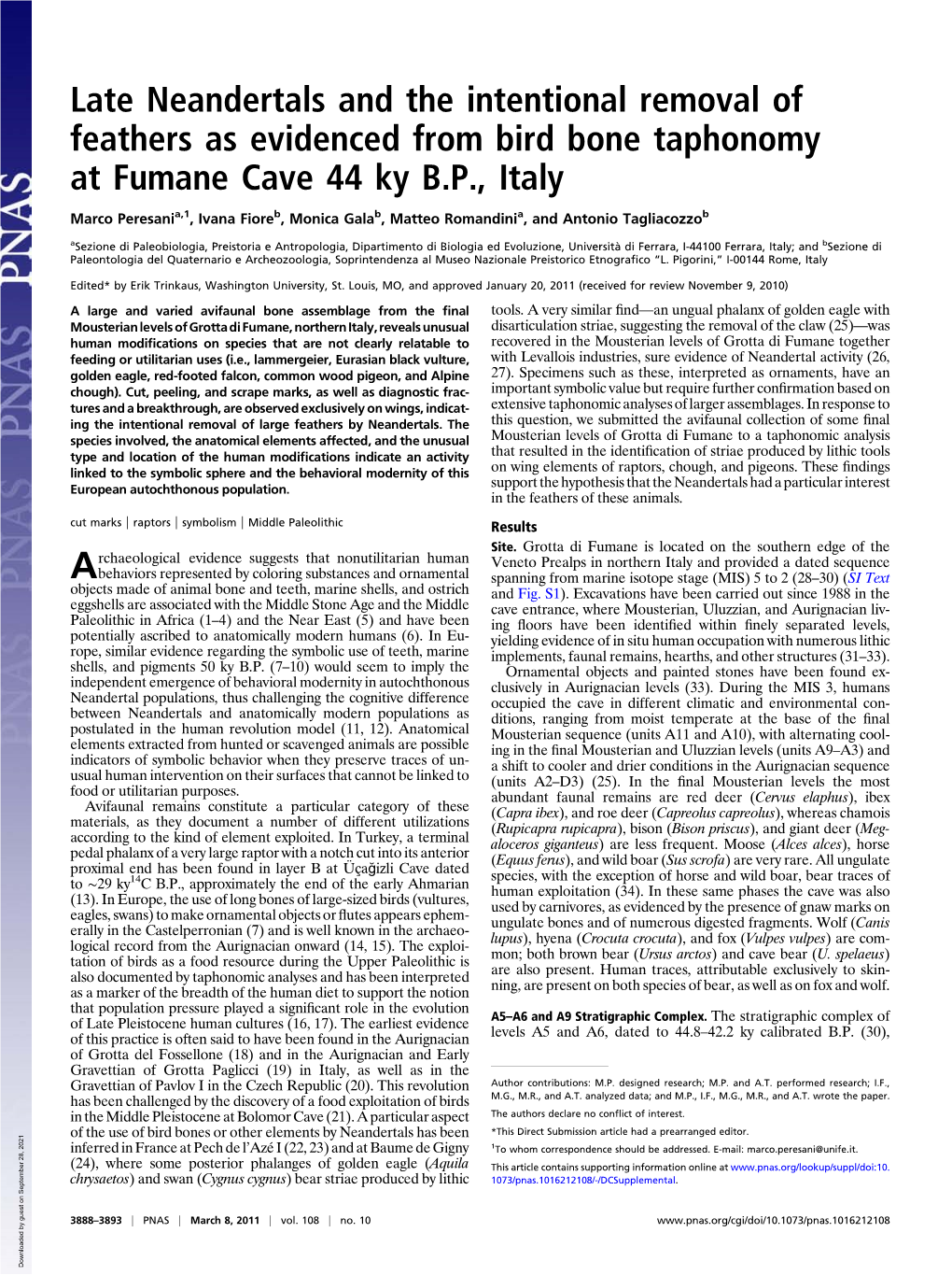 Late Neandertals and the Intentional Removal of Feathers As Evidenced from Bird Bone Taphonomy at Fumane Cave 44 Ky B.P., Italy