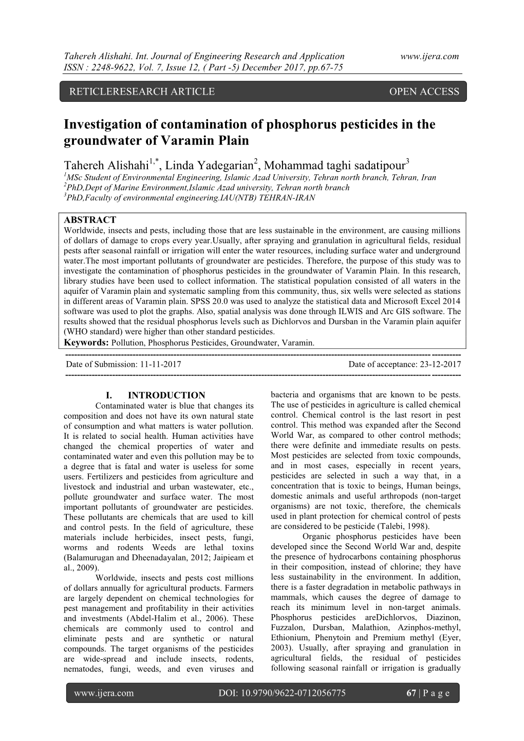 Investigation of Contamination of Phosphorus Pesticides in the Groundwater of Varamin Plain