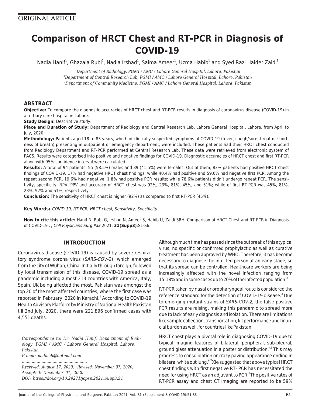 Comparison of HRCT Chest and RT-PCR in Diagnosis of COVID-19