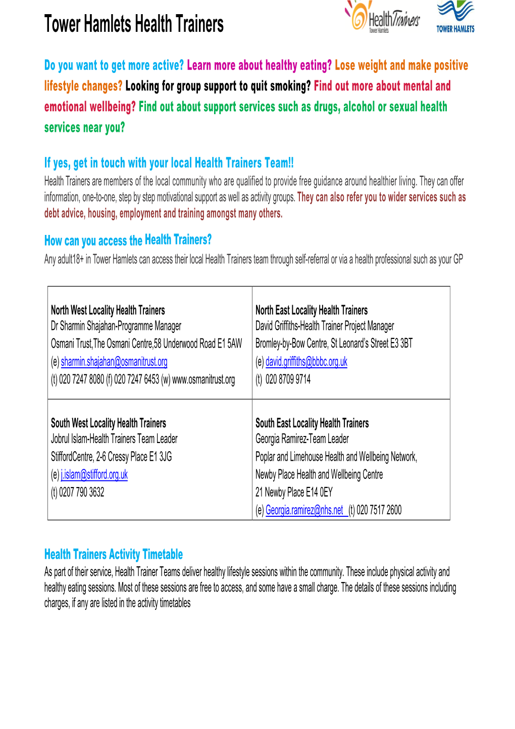 Joint Health Trainers Activity Timetable-Quarter 4