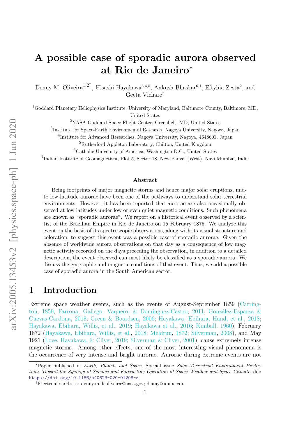 A Possible Case of Sporadic Aurora Observed at Rio De Janeiro∗ Arxiv:2005.13453V2 [Physics.Space-Ph] 1 Jun 2020