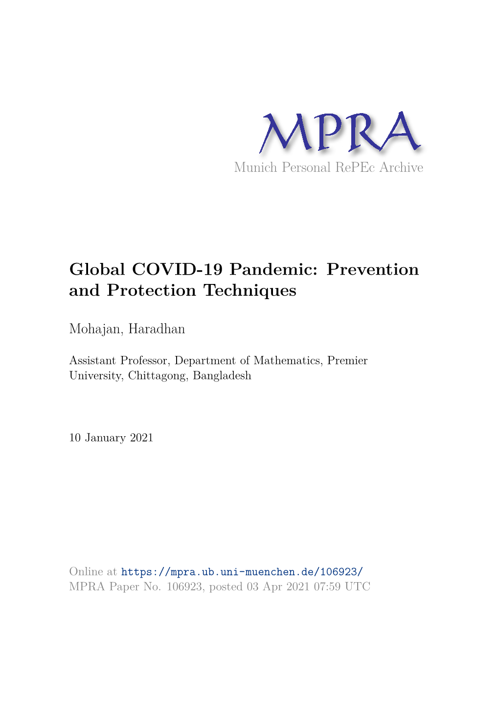 Global COVID-19 Pandemic: Prevention and Protection Techniques