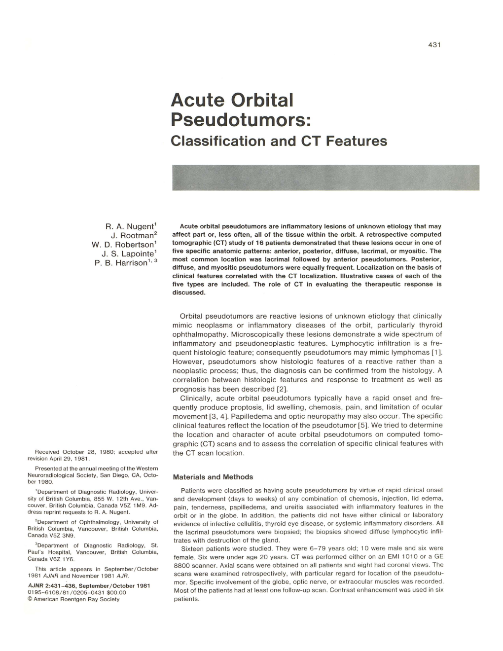 Acute Orbital Pseudotumors: Classification and CT Features