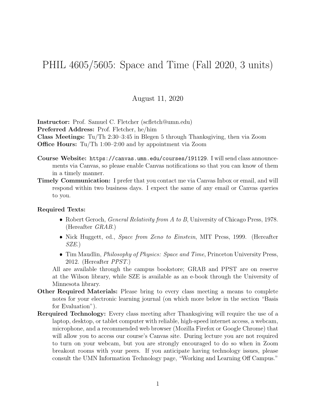 PHIL 4605/5605: Space and Time (Fall 2020, 3 Units)