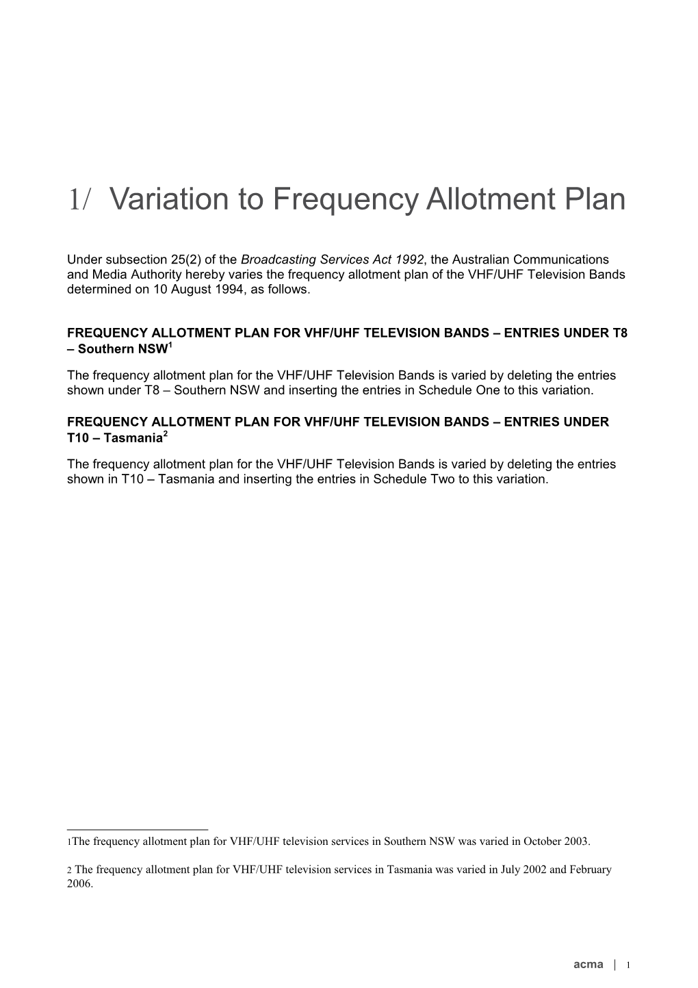 Variation to Frequency Allotment Plan - Sthn NSW & Tasmania