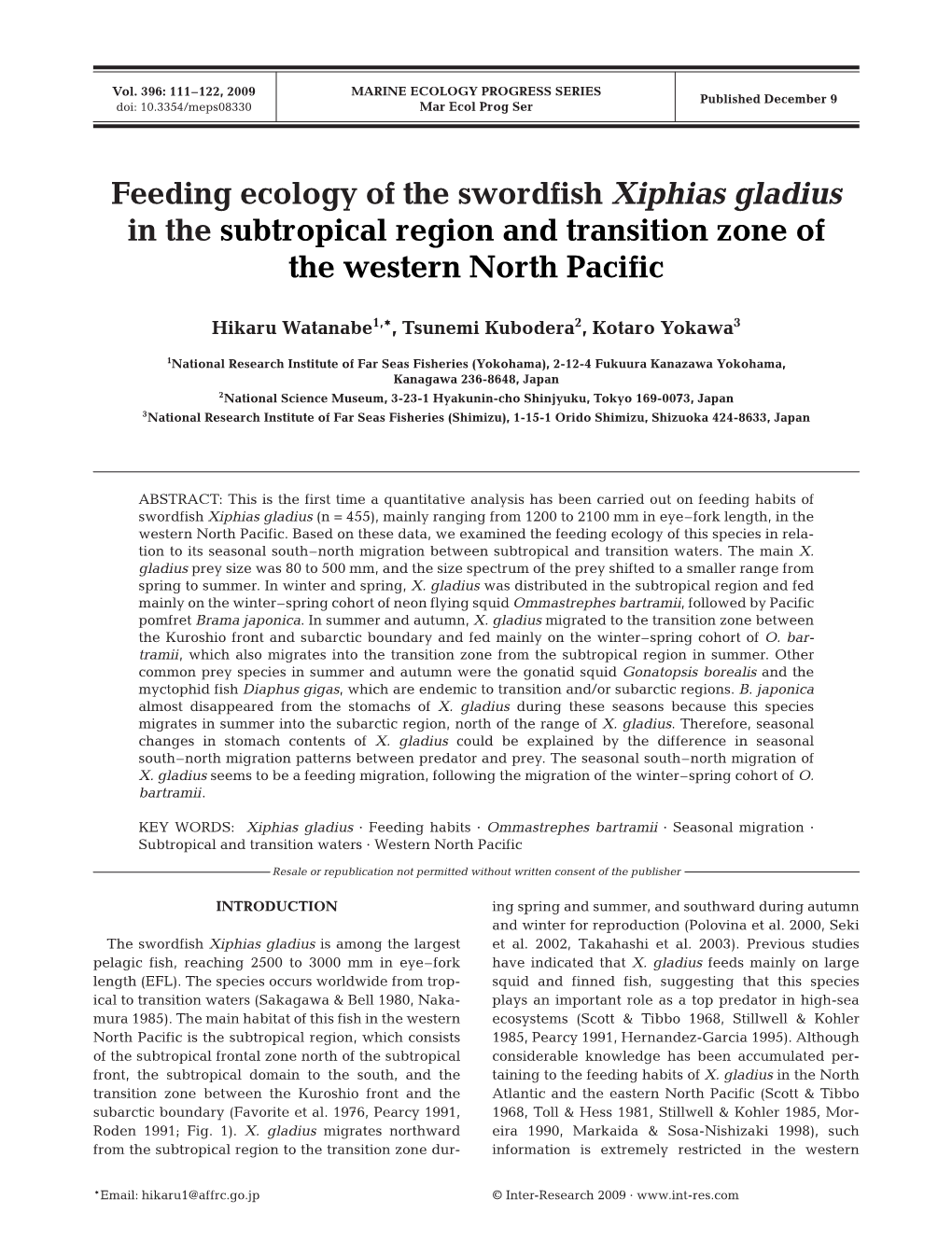 Feeding Ecology of the Swordfish Xiphias Gladius in the Subtropical Region and Transition Zone of the Western North Pacific