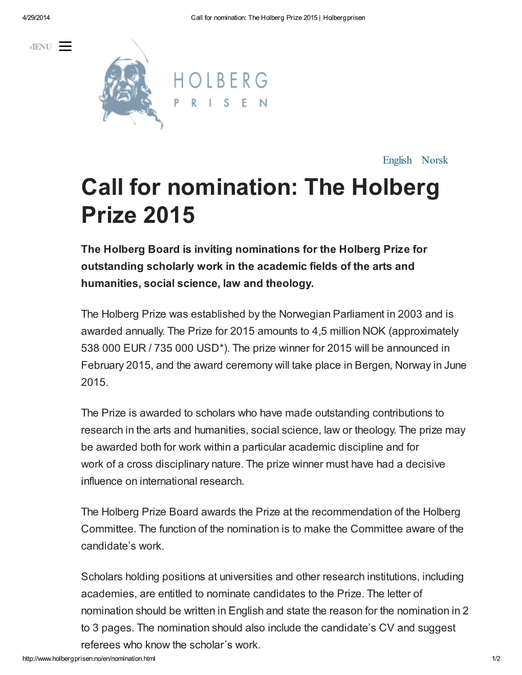 Call for Nomination: the Holberg Prize 2015 | Holbergprisen