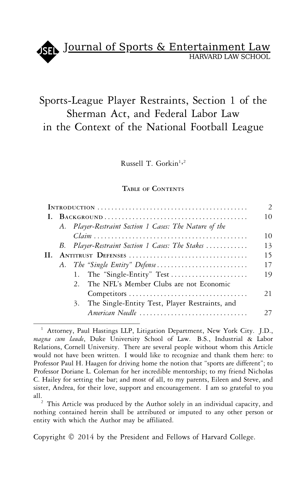 Sports-League Player Restraints, Section 1 of the Sherman Act, and Federal Labor Law in the Context of the National Football League