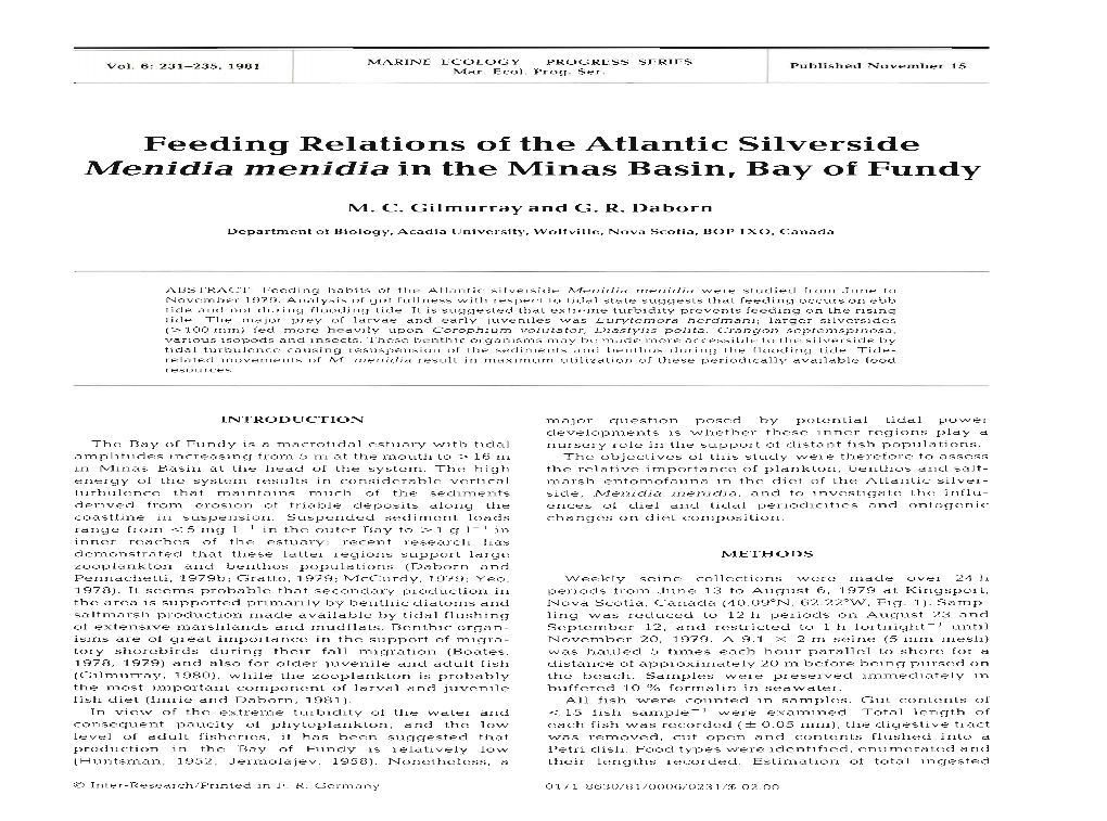 Feeding Relations of the Atlantic Silverside Menidia Menidia in the Minas Basin, Bay of Fundy