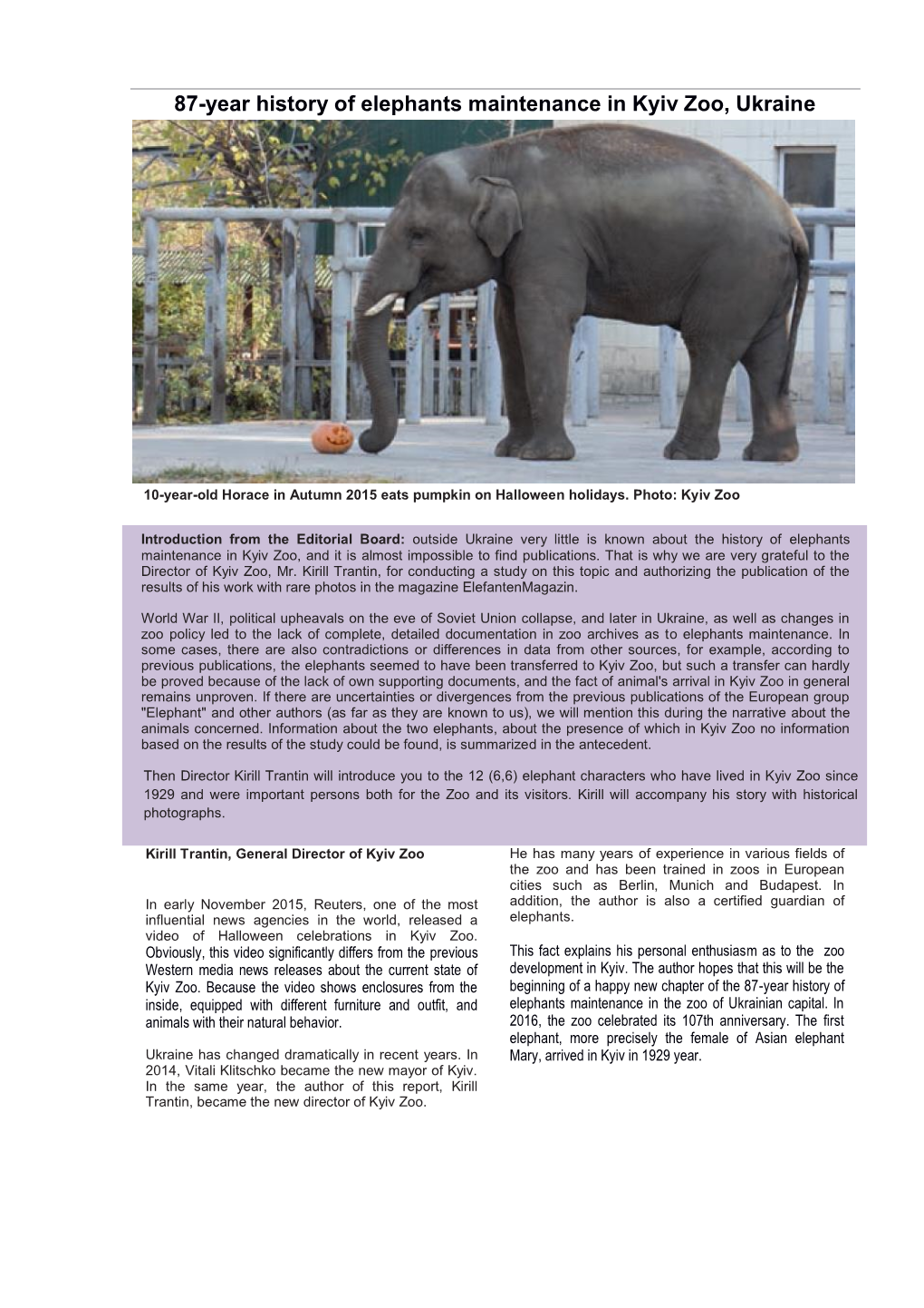 87-Year History of Elephants Maintenance in Kyiv Zoo, Ukraine