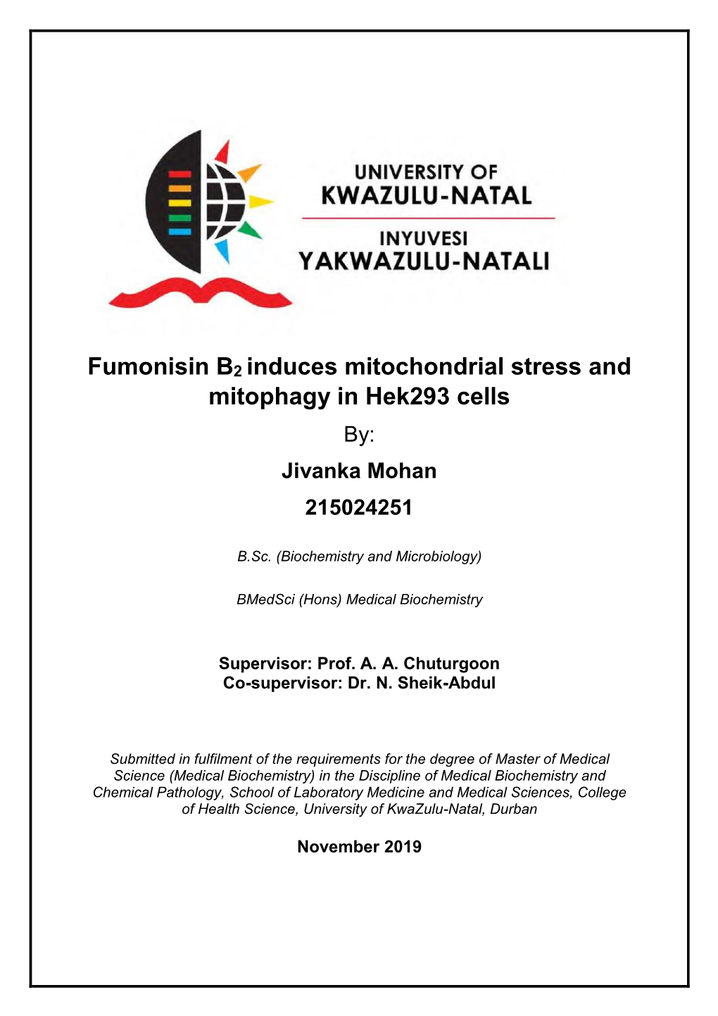Fumonisin B2 Induces Mitochondrial Stress and Mitophagy in Hek293 Cells By: Jivanka Mohan 215024251