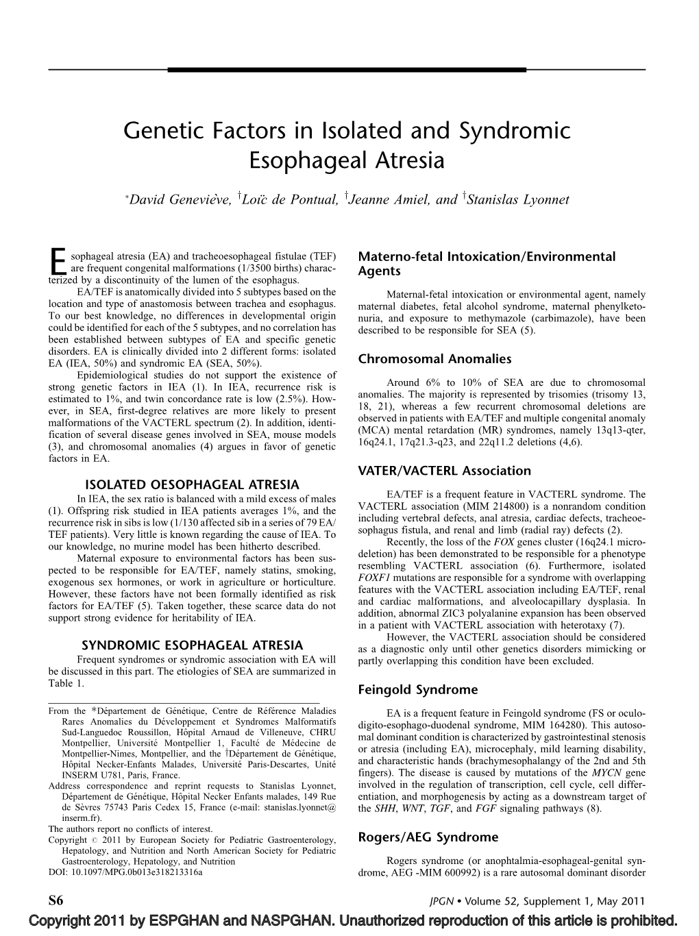 Genetic Factors in Isolated and Syndromic Esophageal Atresia