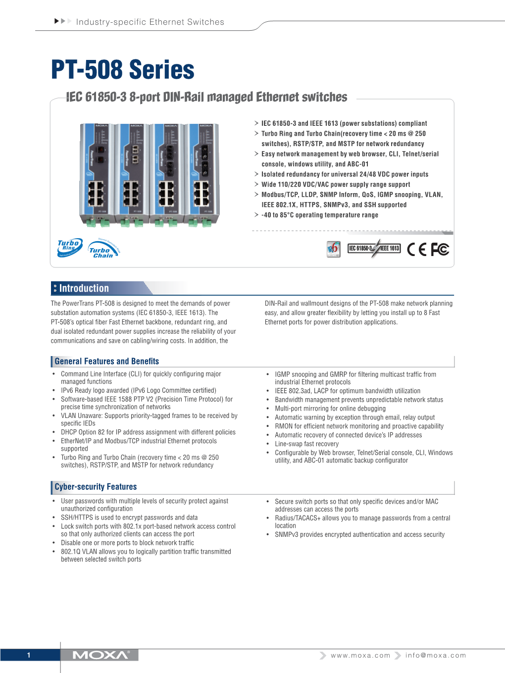 PT-508 Series IEC 61850-3 8-Port DIN-Rail Managed Ethernet Switches