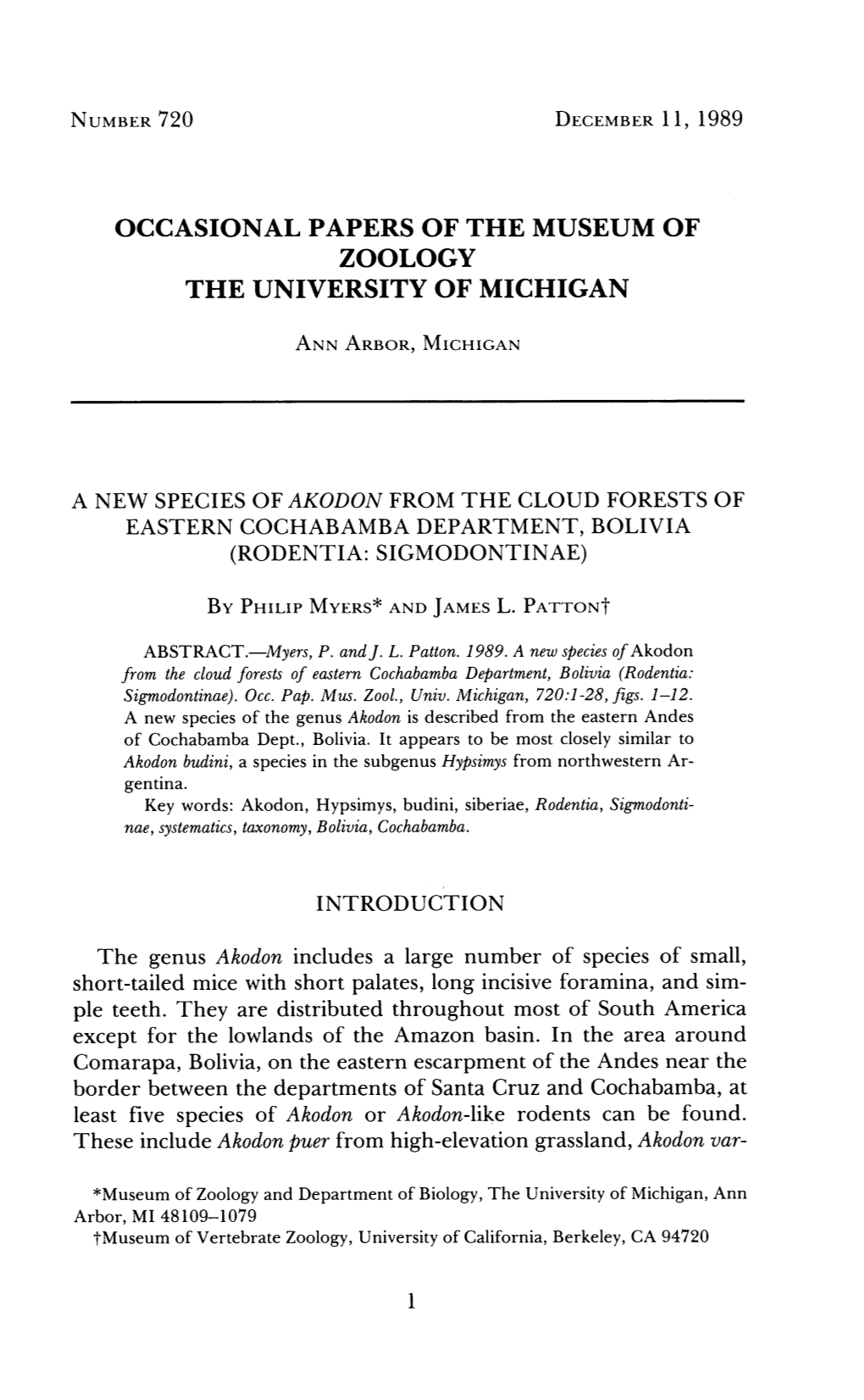 Occasional Papers of the Museum of Zoology the University of Michigan