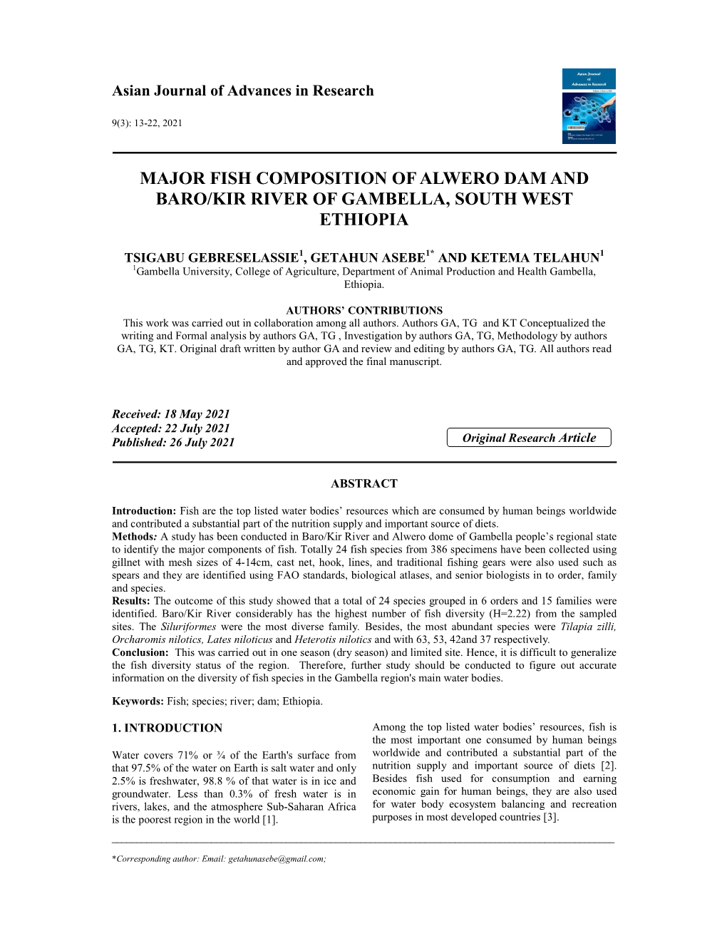 Major Fish Composition of Alwero Dam and Baro/Kir River of Gambella, South West Ethiopia