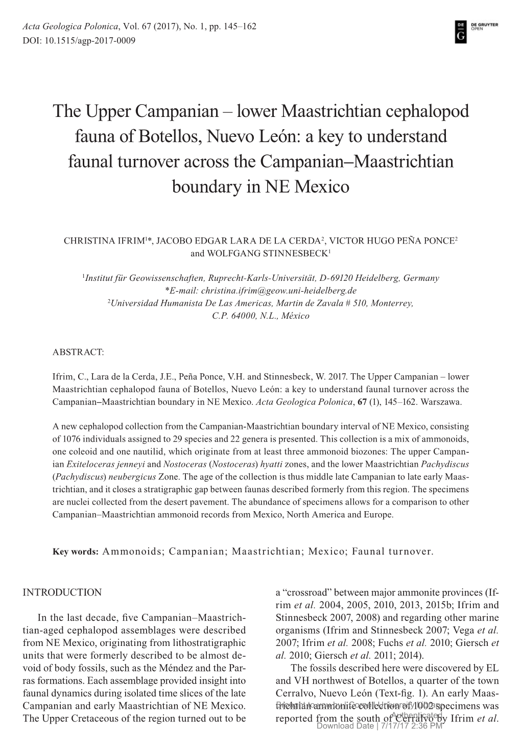 The Upper Campanian – Lower Maastrichtian Cephalopod Fauna of Botellos, Nuevo León