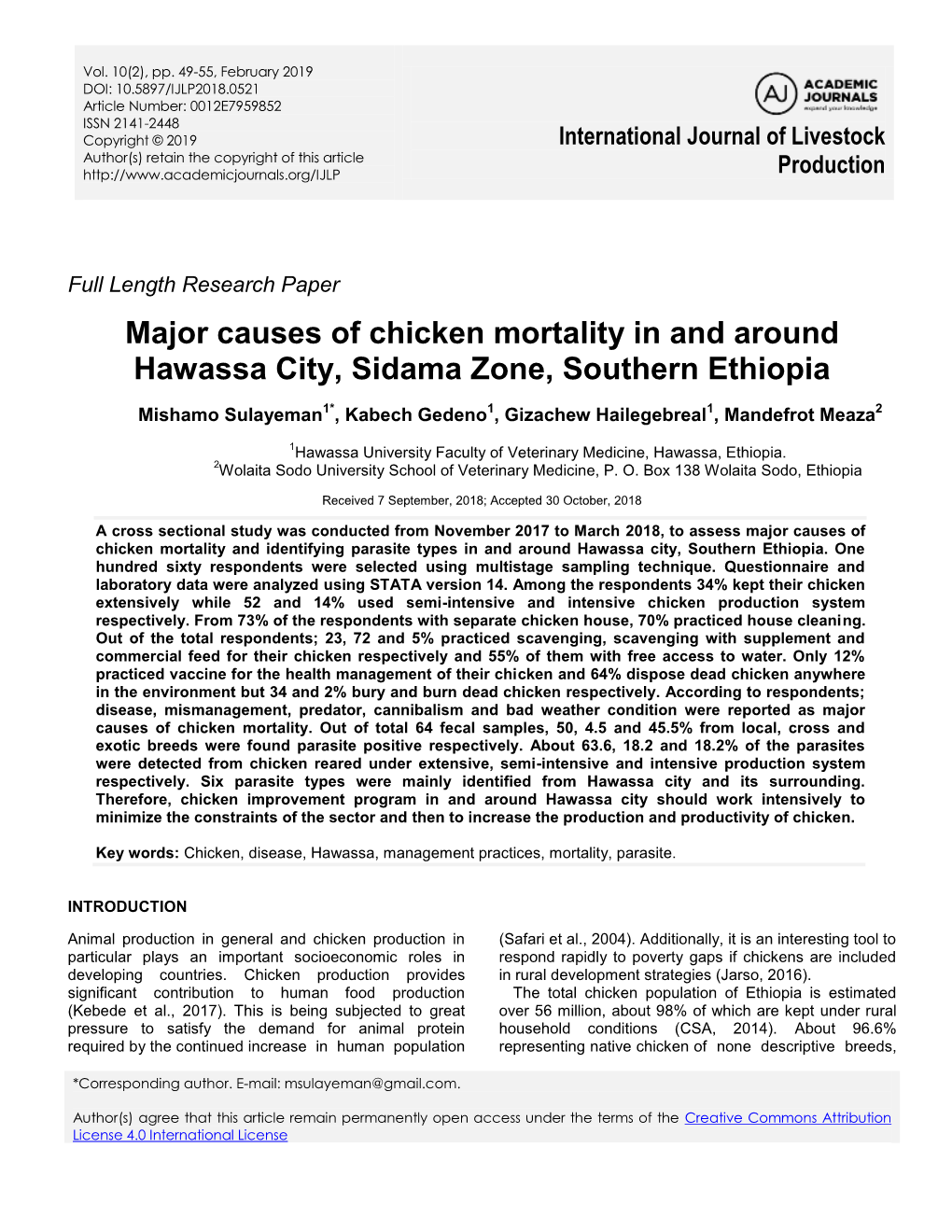 Major Causes of Chicken Mortality in and Around Hawassa City, Sidama Zone, Southern Ethiopia