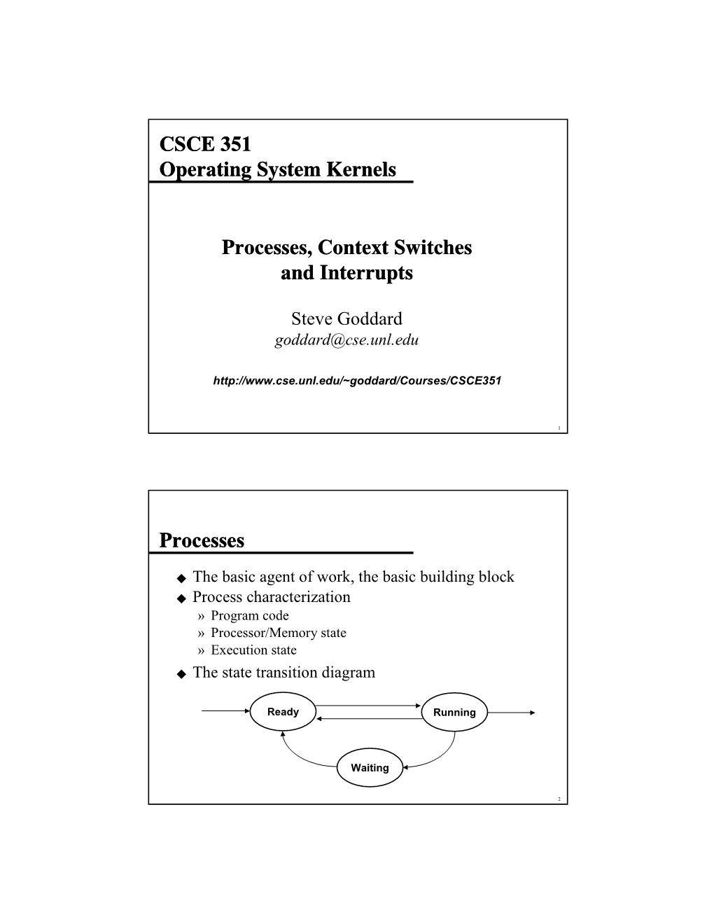 Processes, Context Switches and Interrupts CSCE 351 Operating