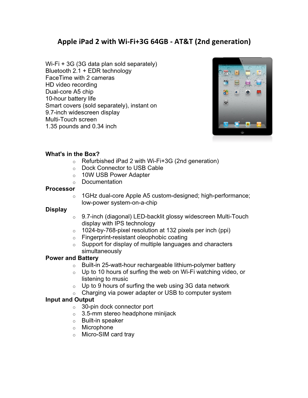 Apple Ipad 2 with Wi-‐Fi+3G 64GB -‐ AT&T (2Nd Generation)