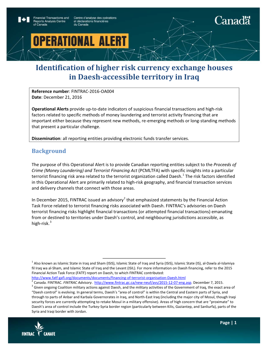 Identification of Higher Risk Currency Exchange Houses in Daesh-Accessible Territory in Iraq