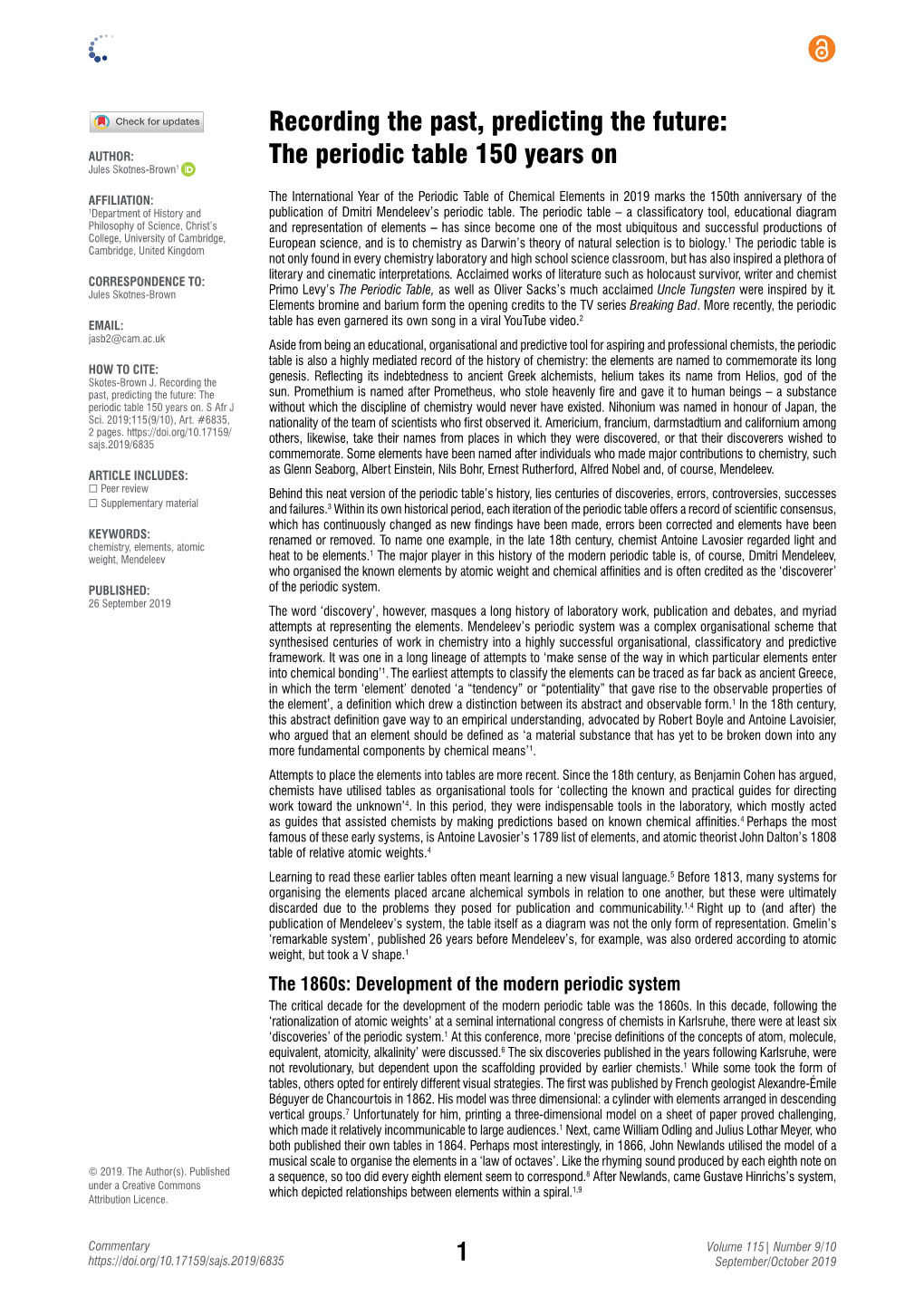 The Periodic Table 150 Years on Jules Skotnes-Brown1