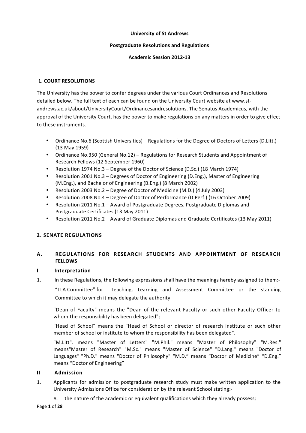 University of St Andrews Postgraduate Resolutions and Regulations