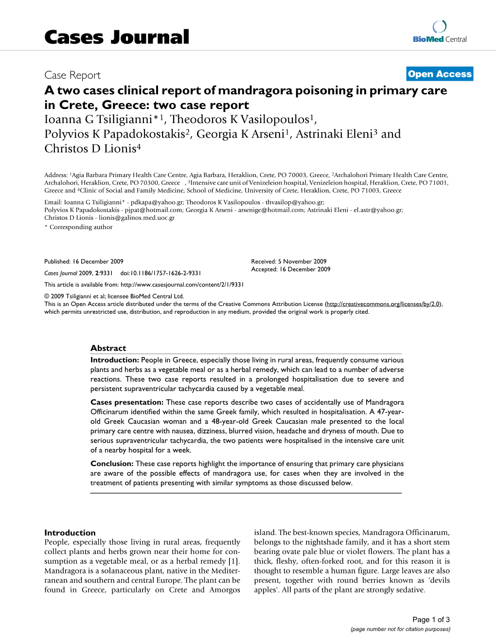 A Two Cases Clinical Report of Mandragora Poisoning in Primary