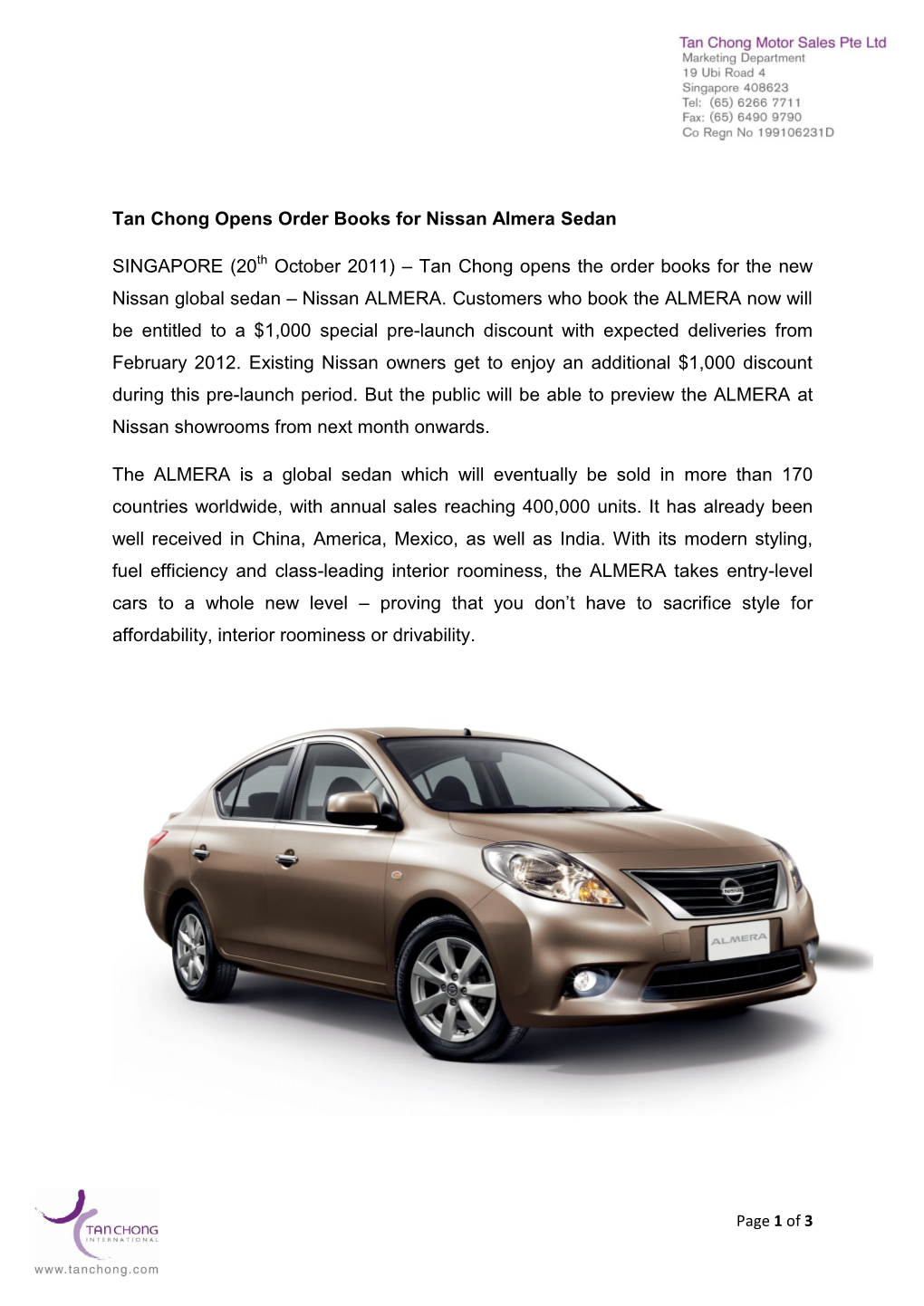 Tan Chong Opens Order Books for Nissan Almera Sedan SINGAPORE