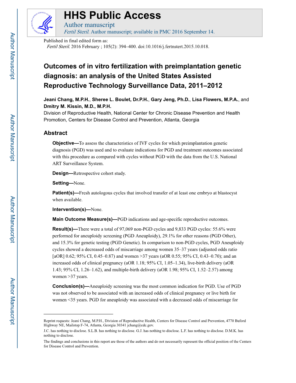 Outcomes of in Vitro Fertilization with Preimplantation Genetic Diagnosis