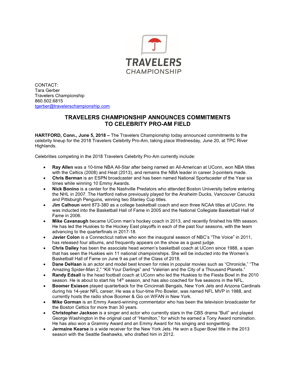 Travelers Championship Announces Commitments to Celebrity Pro-Am Field