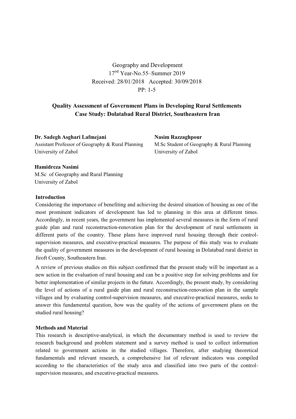 1 Geography and Development 17 Year-No.55–Summer 2019 Received: 28/01/2018 Accepted: 30/09/2018 PP: 1-5 Quality Assessment O