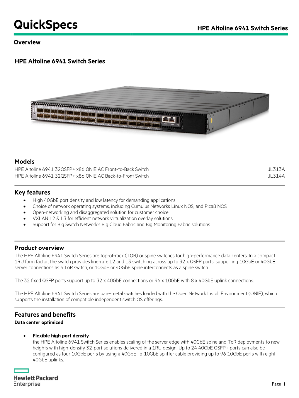HPE Altoline 6941 Switch Series Overview