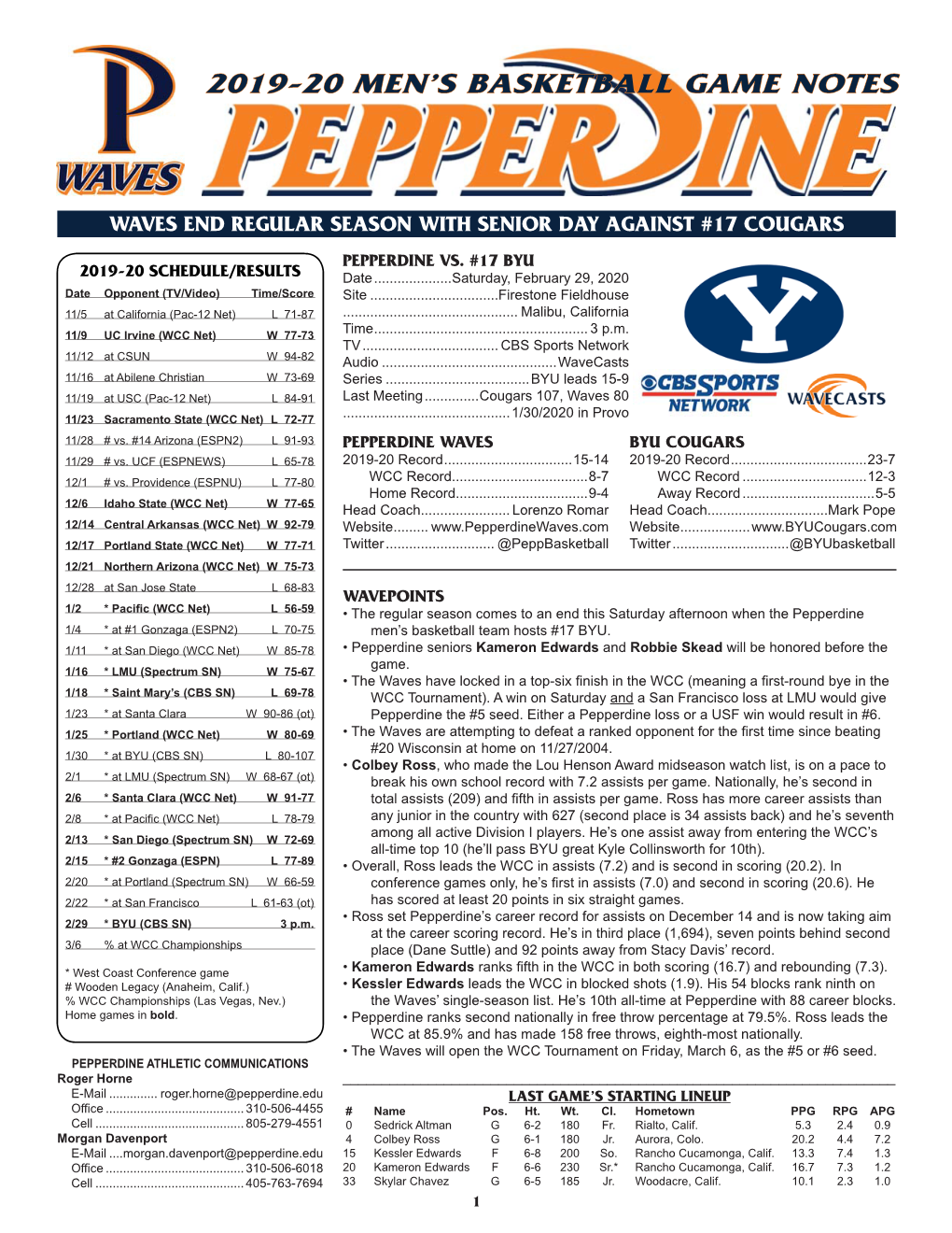 2019-20 Men's Basketball Game Notes