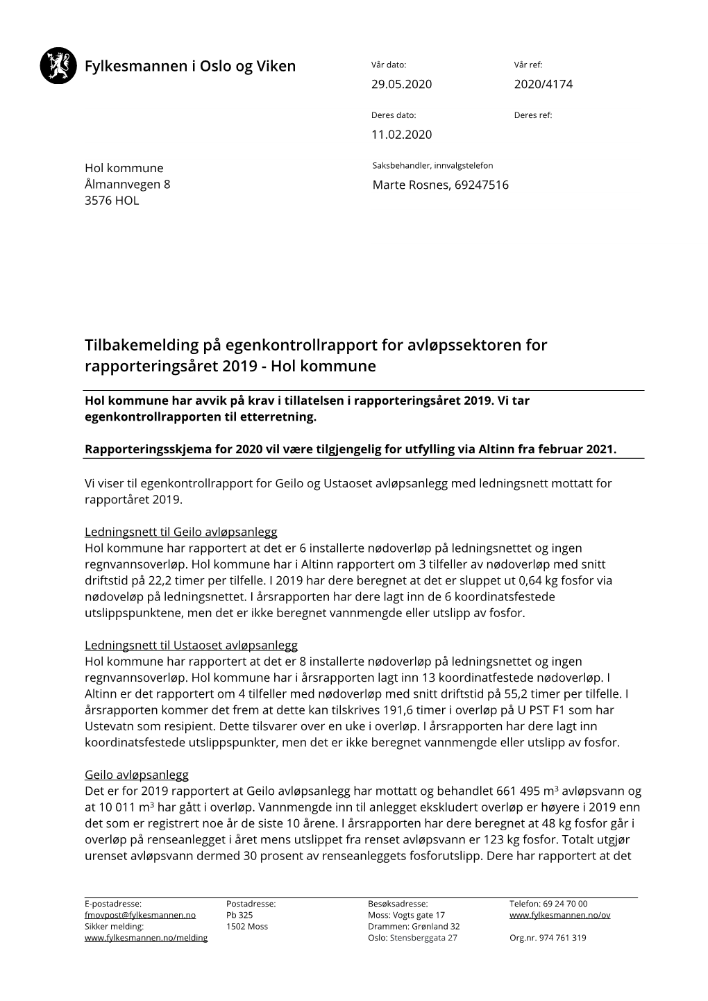 Tilbakemelding På Egenkontrollrapport for Avløpssektoren for Rapporteringsåret 2019 - Hol Kommune