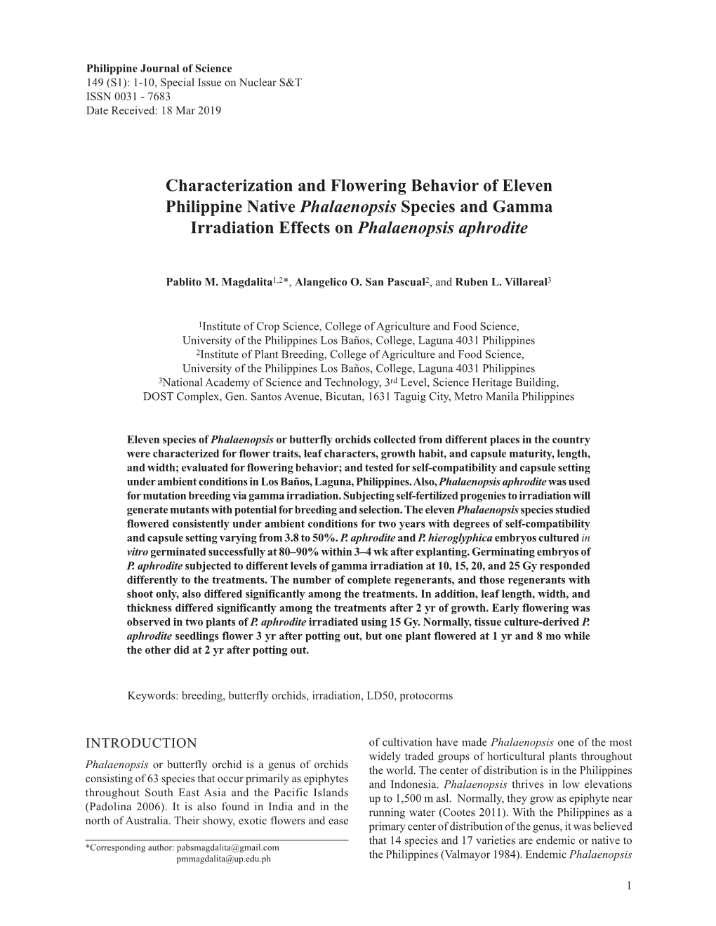 Characterization and Flowering Behavior of Eleven Philippine Native Phalaenopsis Species and Gamma Irradiation Effects on Phalaenopsis Aphrodite