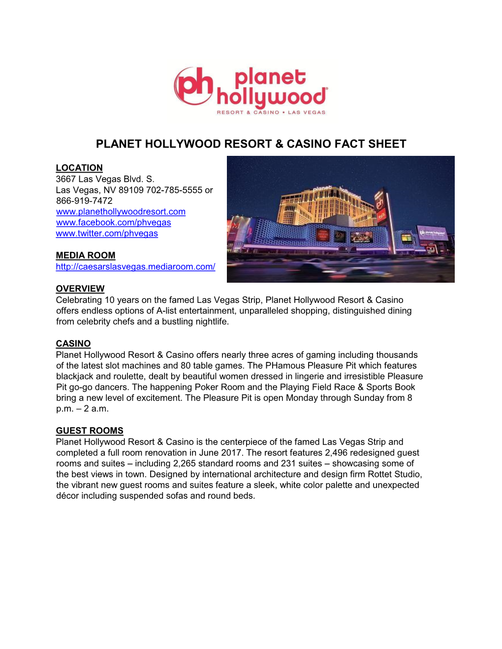 Planet Hollywood Resort & Casino Fact Sheet