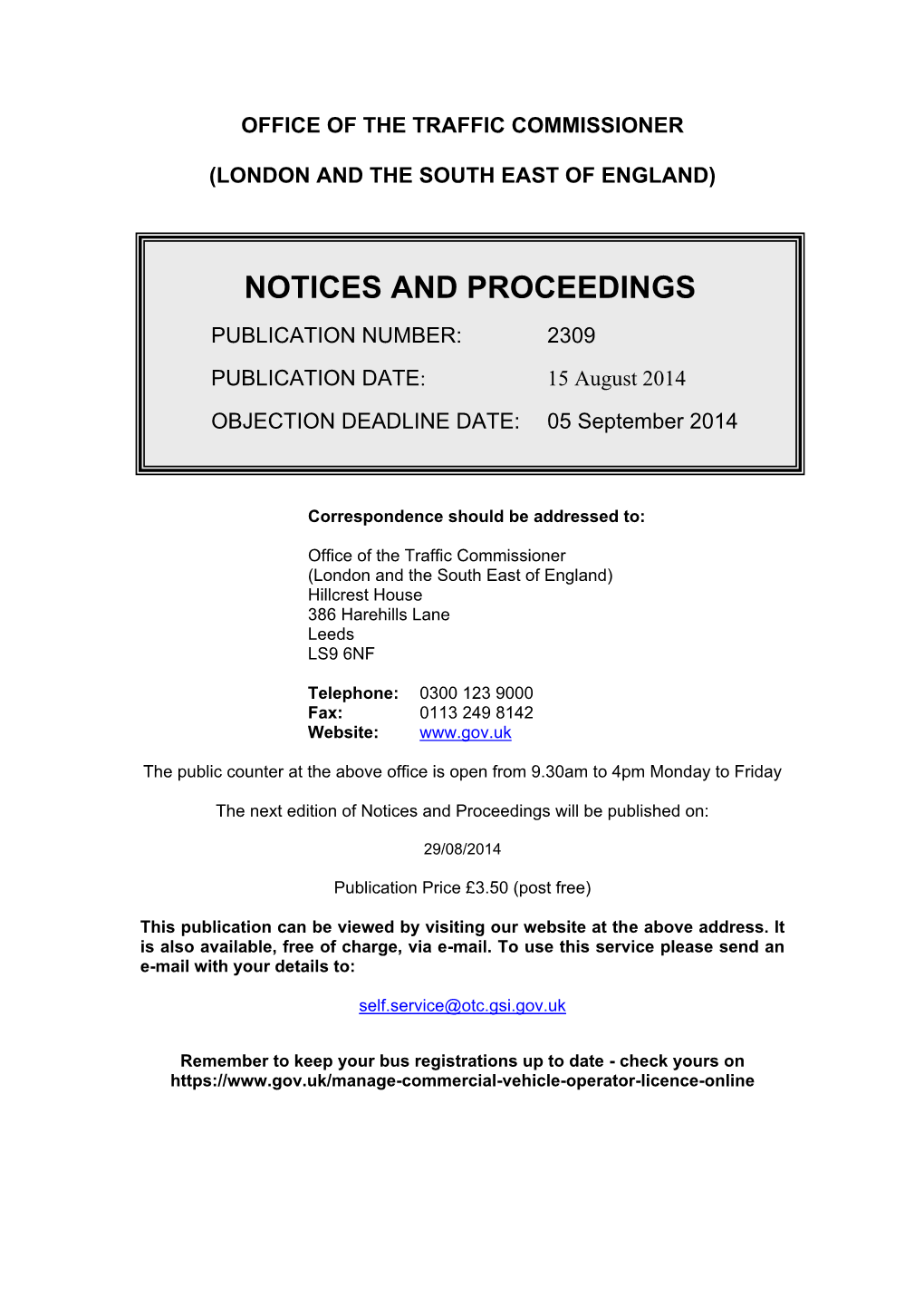 Notices and Proceedings 5 August 2014