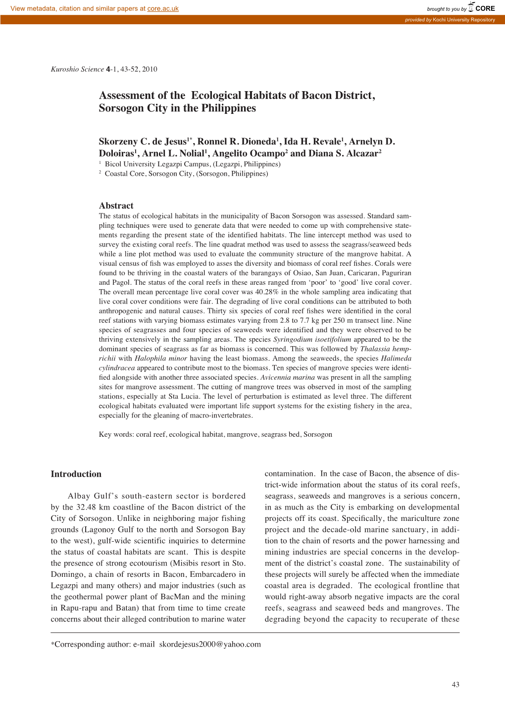 Assessment of the Ecological Habitats of Bacon District, Sorsogon City in the Philippines