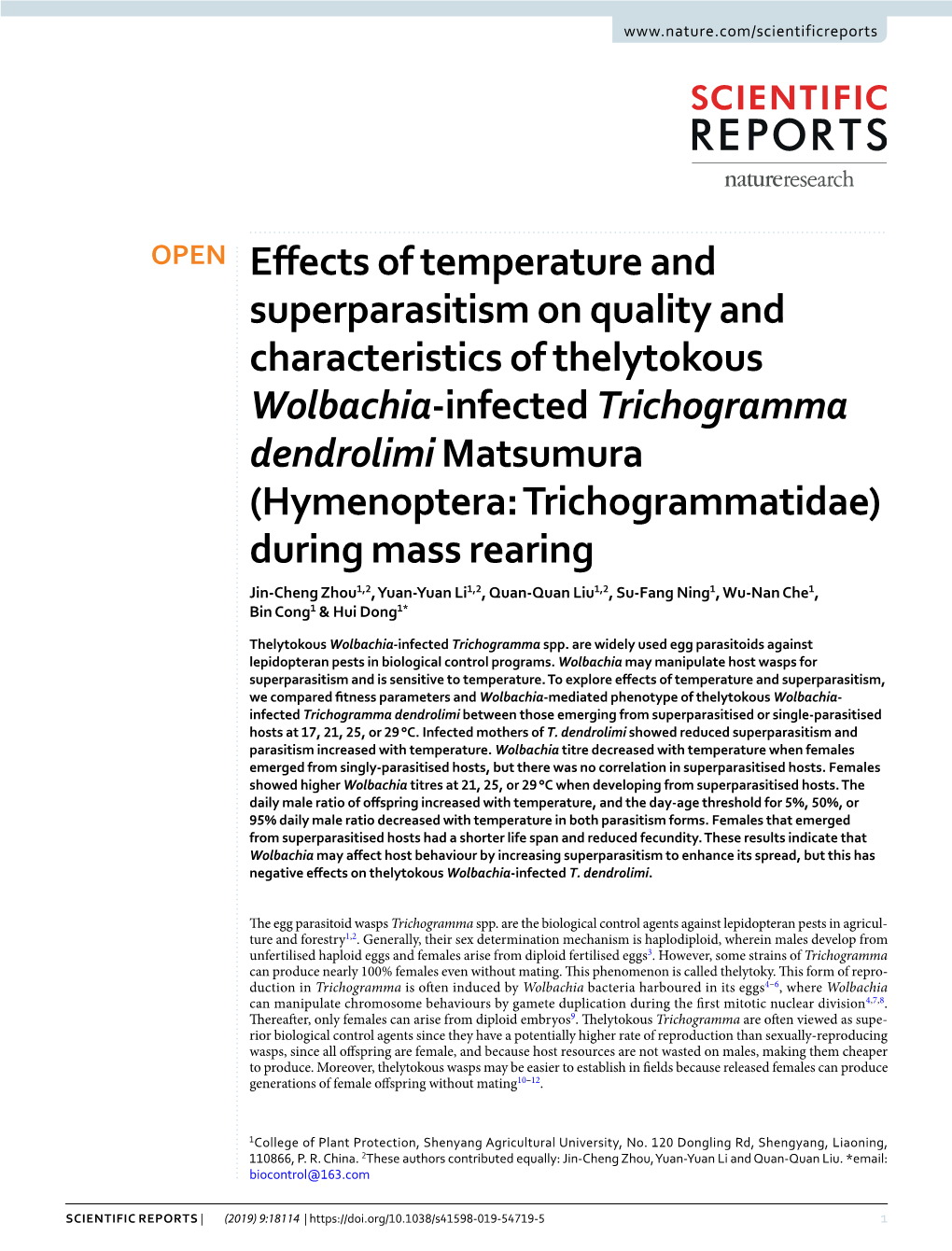 Effects of Temperature and Superparasitism on Quality And